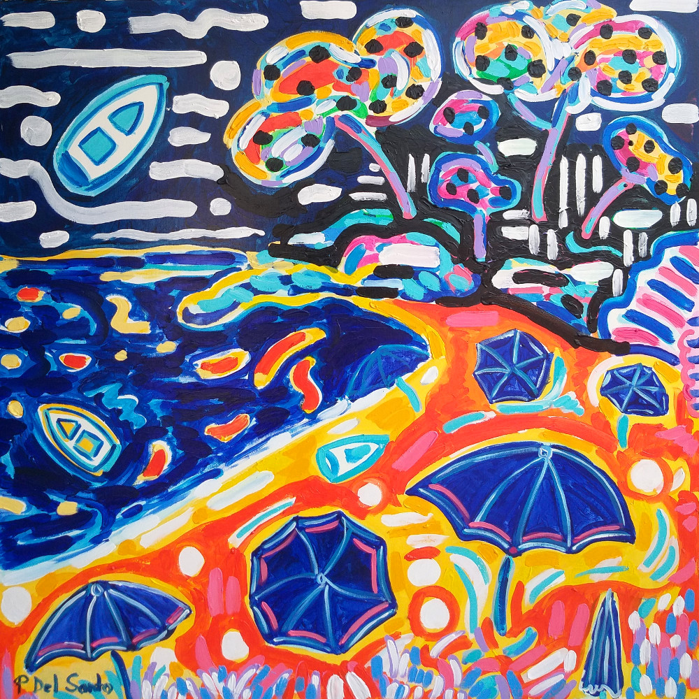 Del Santo Patrizio, baia di Fiascherino con ombrelloni blu