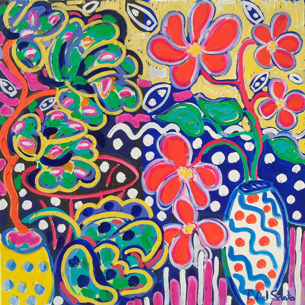 Del Santo Patrizio, composizione di fiori blu nella stanza che da sul mare